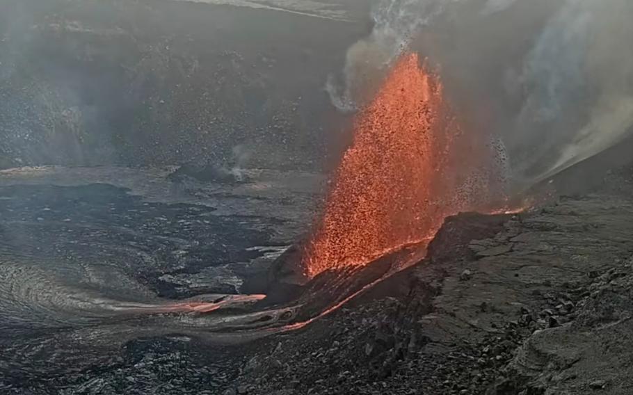 A volcano erupts in the Hawaii.