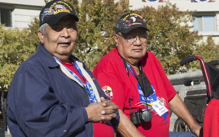 Native American veterans Steven Frank, left, and Stanley Hooper, at the US Navy Memorial in Washington, D.C., on Nov. 11, 2016, Veterans Day. They were part of the first Native American Honor Flight. 