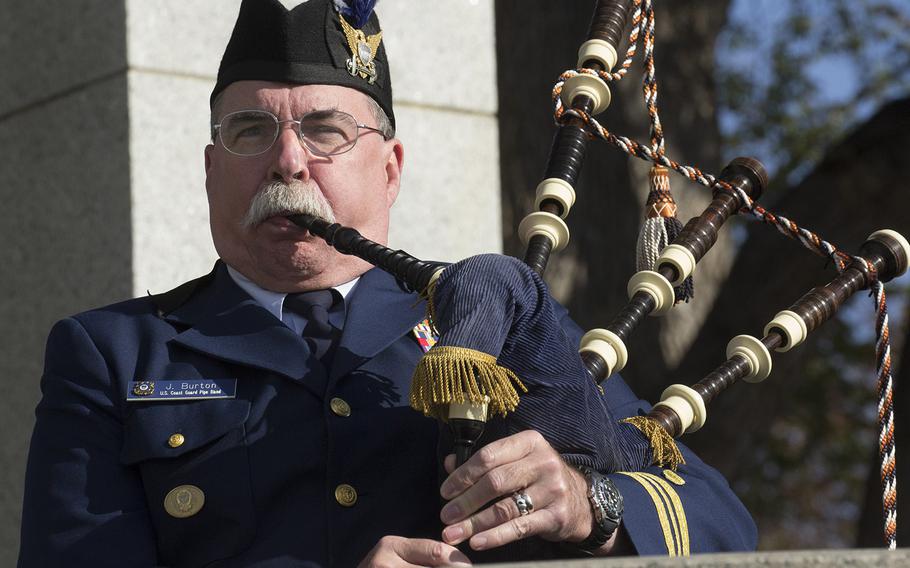 A bagpiper plays during a Veterans Day ceremony at the National World War II Memorial in Washington, D.C., Nov. 11, 2016.