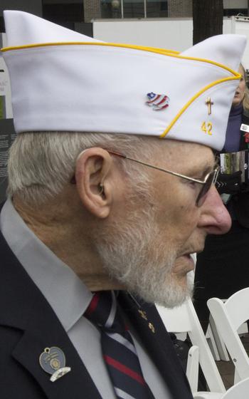 Army veteran Edward M. Hogan is interviewed after the groundbreaking ceremony for the National World War I Memorial at Pershing Park in Washington, D.C., Nov. 9, 2017.