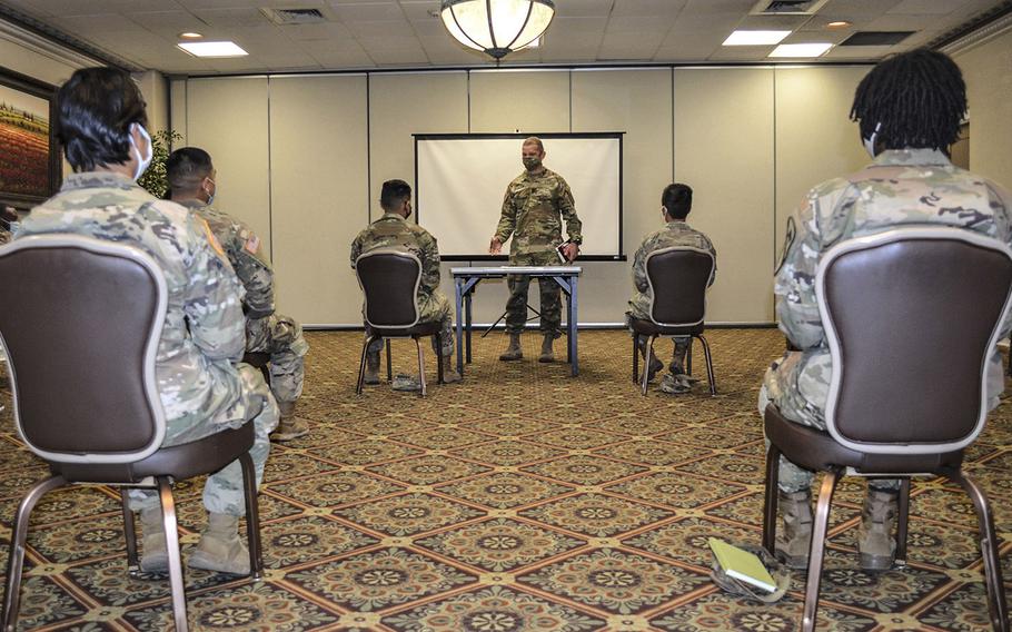 Sgt. Maj. of the Army Michael Grinston meets with junior enlisted soldiers at Fort Hood, Texas, to discuss efforts to improve the base’s command climate and culture after an investigation released identified leadership failures and systemic problems.