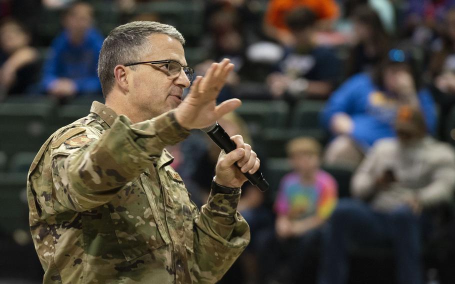 Maj. Gen. William Cooley speaks during a ceremony in Dayton, Ohio, in February 2019. Cooley, the former head of the Air Force Research Laboratory, will be the first Air Force general officer to face court-martial on a sexual assault charge, officials said.
