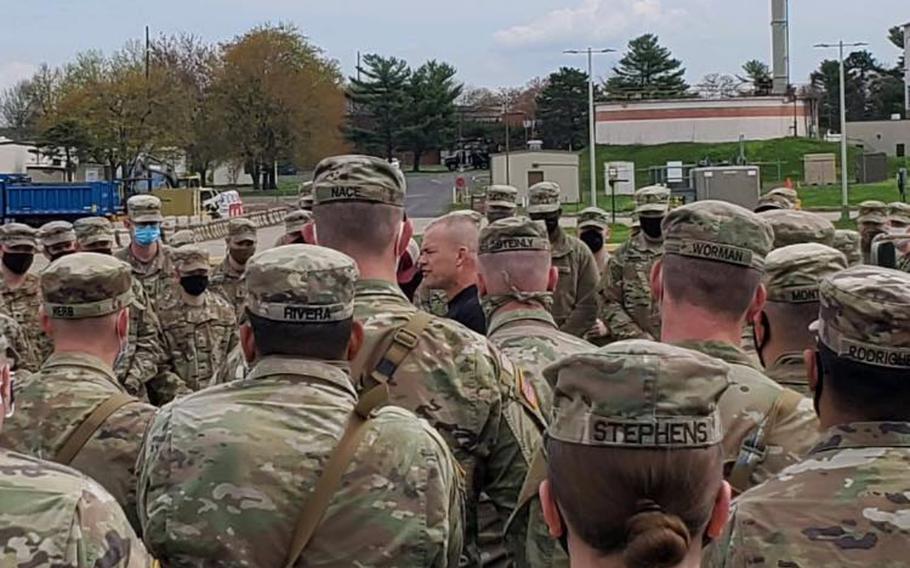 Retired Navy SEAL officer Jocko Willink speaks with soldiers during a visit at Biddle Air National Guard Base, Pa., April 19, 2021. Willink told the soldiers that the tough times are what bring units together and make people stronger.