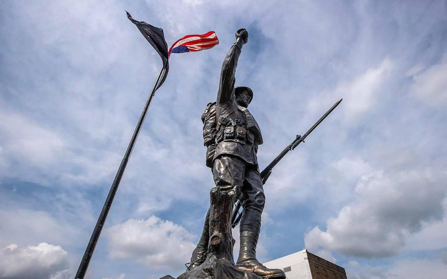 A statue in downtown Monticello, Kentucky, honors those who served in World War I. 