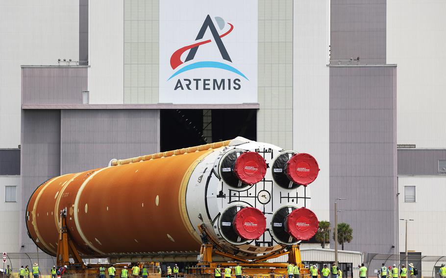 A NASA rocket is moved while at a space center in Florida.