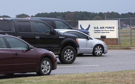 Morning traffic slows near the Langley Air Force Base gate off of North Armistead Avenue on Tuesday, Nov. 12, 2019, in Hampton, Virginia. 