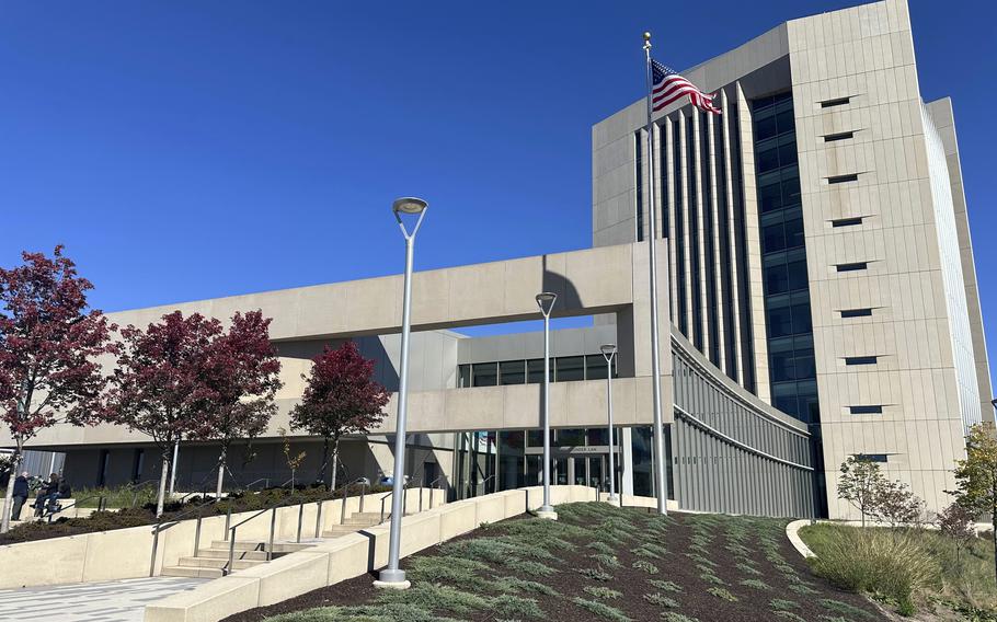 The exterior of the federal courthouse in Harrisburg, Pa., is shown Friday, Oct. 18, 2024, where a judge heard argument regarding a request by six Republican members of Congress that he direct elections officials to take additional steps to verify the identity and eligibility of overseas voters, including those serving in the military and their families. 