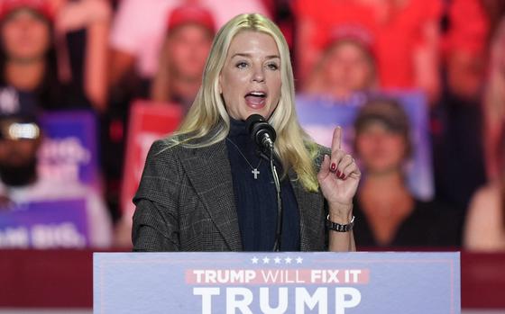 Former Florida Attorney General Pam Bondi, speaks before Republican presidential nominee former President Donald Trump at a campaign rally at First Horizon Coliseum, Nov. 2, 2024, in Greensboro, NC. 