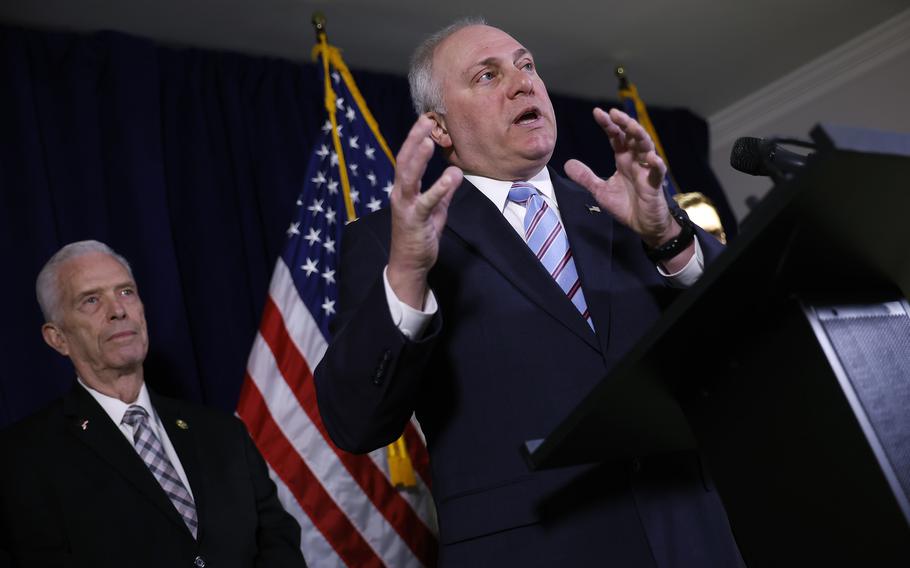 House Majority Whip Steve Scalise, R-La.,  talks to reporters during a news conference following a GOP conference meeting at the Republican National Committee offices on Capitol Hill on Feb. 28, 2023, in Washington, D.C. 