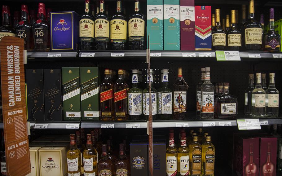 Alcoholic beverages for sale at an exchange store at Yokota Air Base, Japan, Thursday, April 23, 2020.