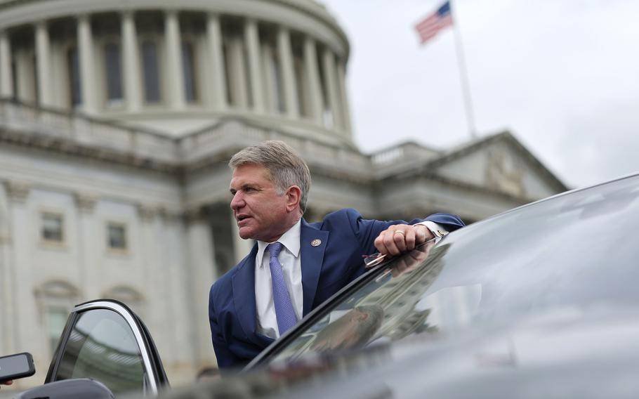 U.S. Rep. Michael McCaul (R-TX) speaks with a reporter as he leaves the U.S. Capitol for the weekend on May 17, 2024, in Washington, D.C. 