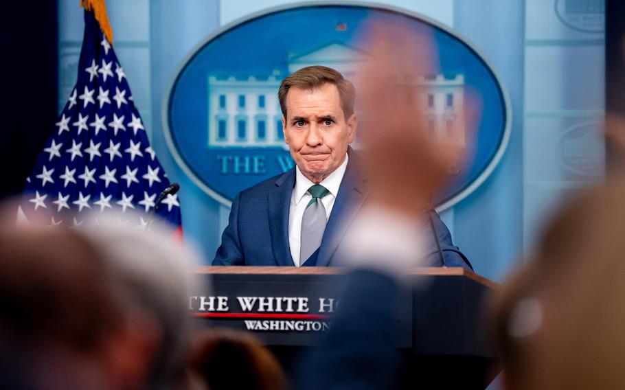 White House National Security Communications Adviser receives a question from a reporter at the White House in Washington, D.C.