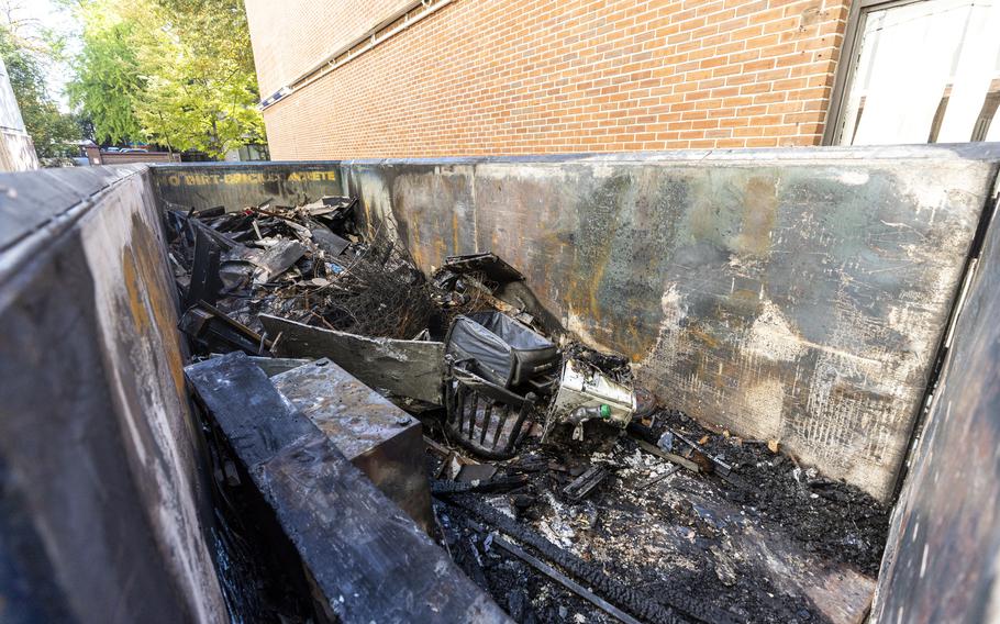 Aftermath of vandalism at Mikveh Israel synagogue, including arson, a dumpster fire, and an attempted break-in of the office of Rabbi Yosef Zarnighian, on Wednesday, Oct. 23, 2024, in Philadelphia. 