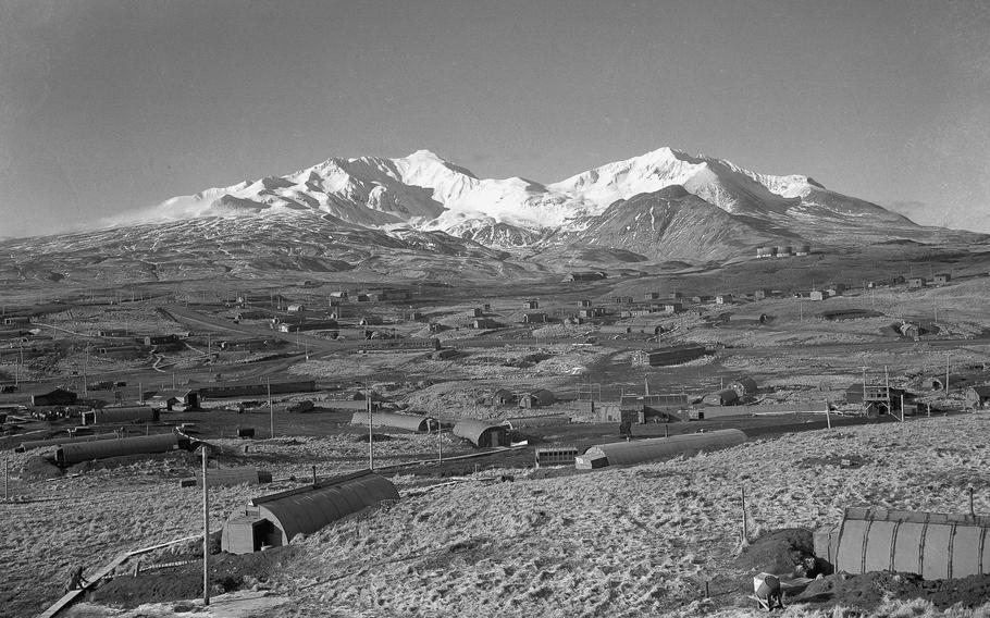 Army's task force Williwaw camp on Alaska's Adak Island, on Feb. 3, 1947, with Mount Moffett in background. 