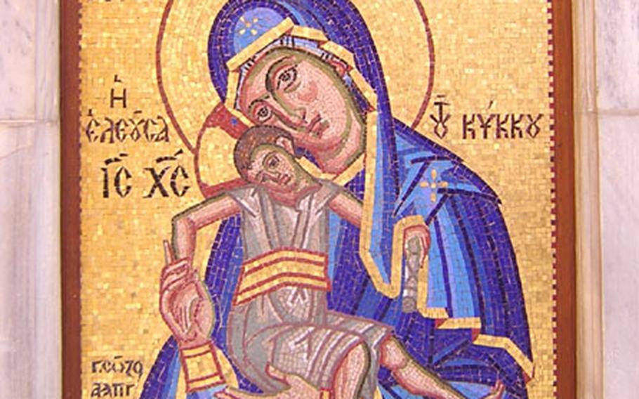 A mosaic at the Kykkos Monastery is a copy of the icon of the Virgin Mary, which the monastery was built to hold. The original is stored away safely, but supplicants still touch the copy in hopes of having their wishes granted.