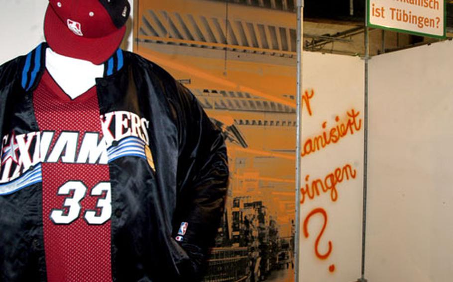 Clothes with logos of American sports teams have caught on in Germany, as portrayed at the Tübingen Stadtmuseum&#39;s exhibit, "Culture To Go: How American is Tübingen?"