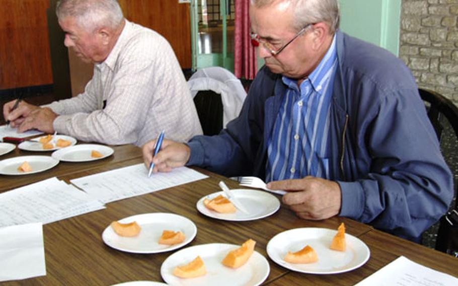 Melon testers at the official melon tasting rate the melons on appearance, aroma, sweetness, flavor and texture.