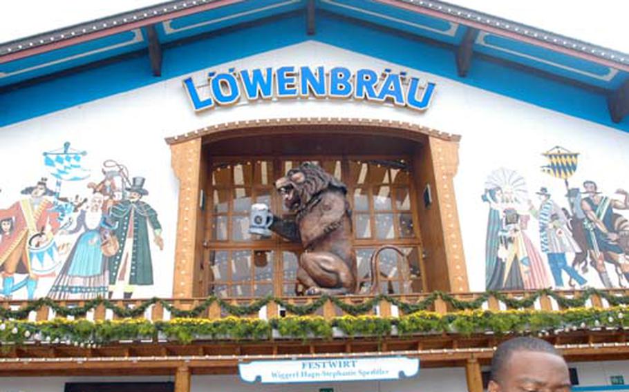 The Löwenbräu tent has a 15-foot plastic lion in front. It roars, or belches, as it tips back a beer