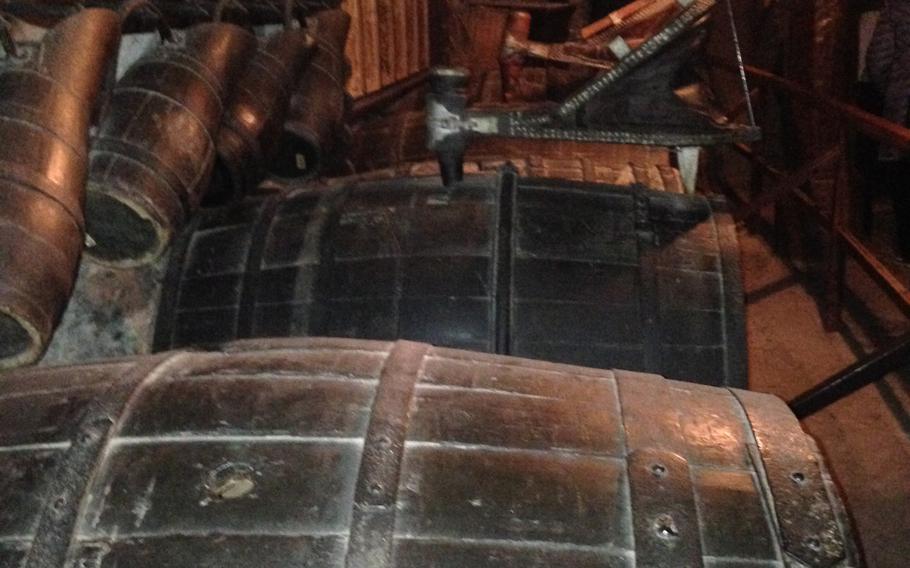 Several grand oak barrels remain in Marksburg castle's wine cellar. They were used to store the fruit of the vine, which was thought to be safer to drink than untreated water in the Middle Ages.