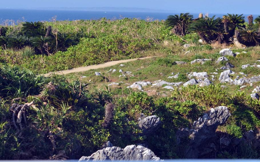 One of several trails in the Cape Hedo park. Yoron Island can be seen in deep background