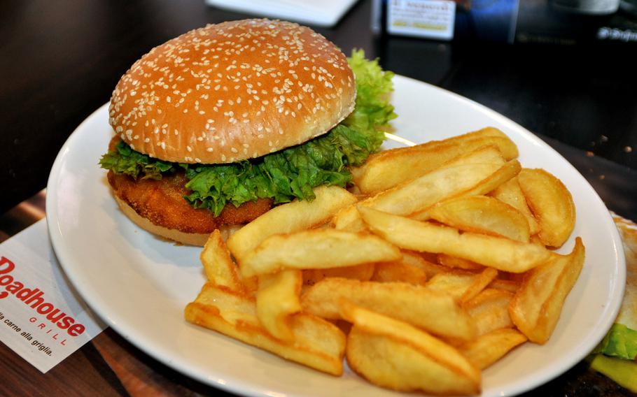 The chicken sandwich is one of a handful of gourmet sandwiches at Roadhouse Grill. On Wednesdays, the meal sells for 7 euros.